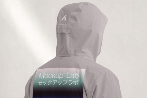 Back view of oversized hoodie with gradient print on chest, hood up, minimal aesthetic