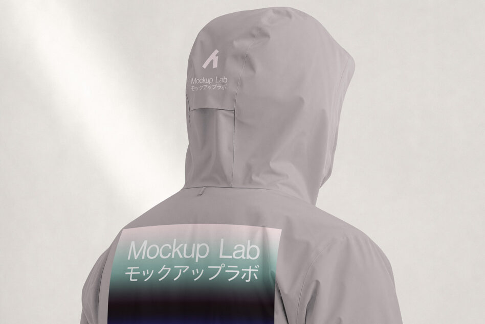 Back view of oversized hoodie with gradient print on chest, hood up, minimal aesthetic