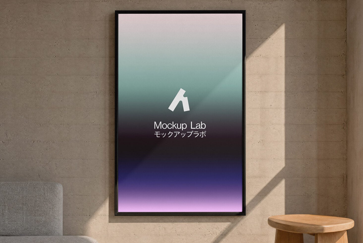 Framed poster on concrete wall showing gradient from pink to purple with Mockup Lab logo in center
