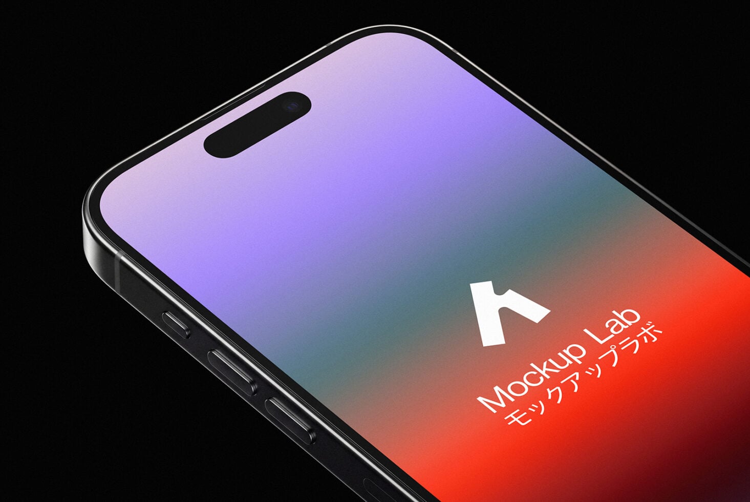 iPhone mockup at 45 degree angle with gradient screen from pink to red, black frame visible on black background
