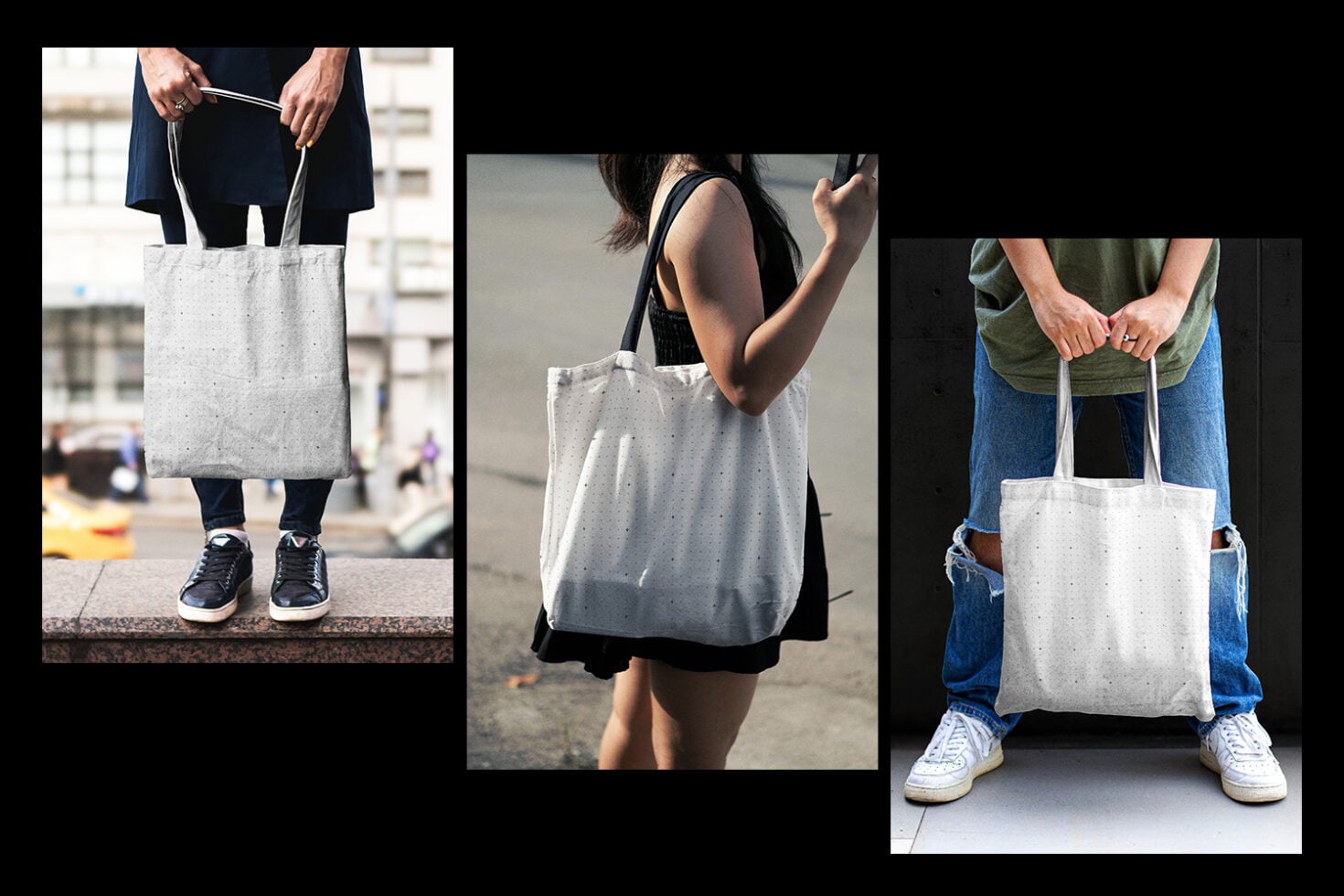 Blank canvas tote bag mockup with three lifestyle shots showing real people carrying it