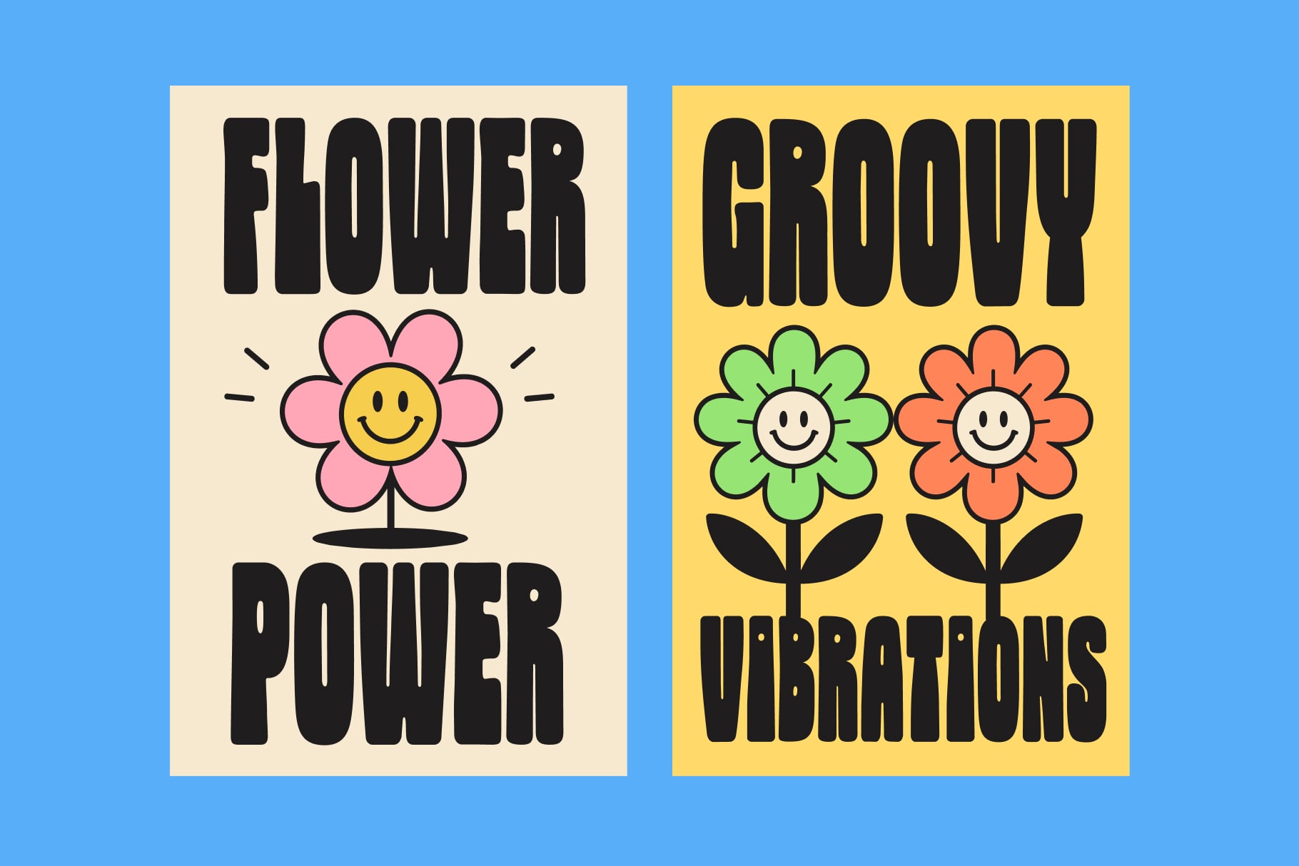 Retro posters with smiley face flowers saying "Flower Power" plus "Groovy Vibrations"