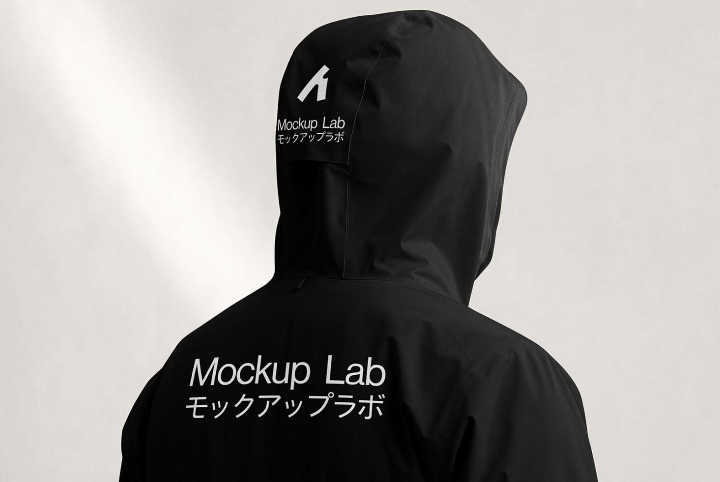 Black hoodie mockup with front, back, shoulder branding areas shown on neutral background