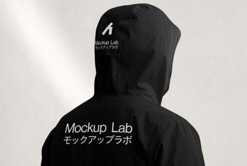Black hoodie mockup with front, back, shoulder branding areas shown on neutral background