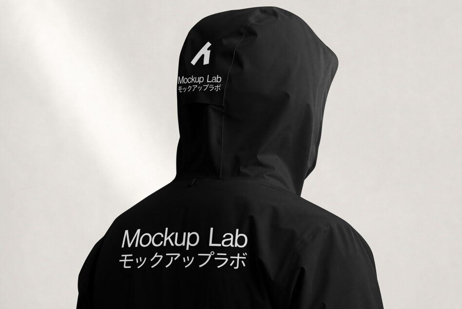 Black hoodie mockup with front, back, shoulder branding areas shown on neutral background
