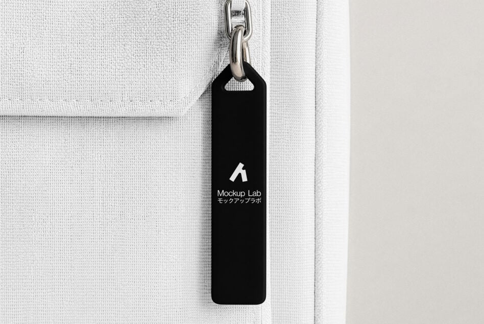 Black zipper tag on white canvas bag showing Mockup Lab branding with metal chain hook