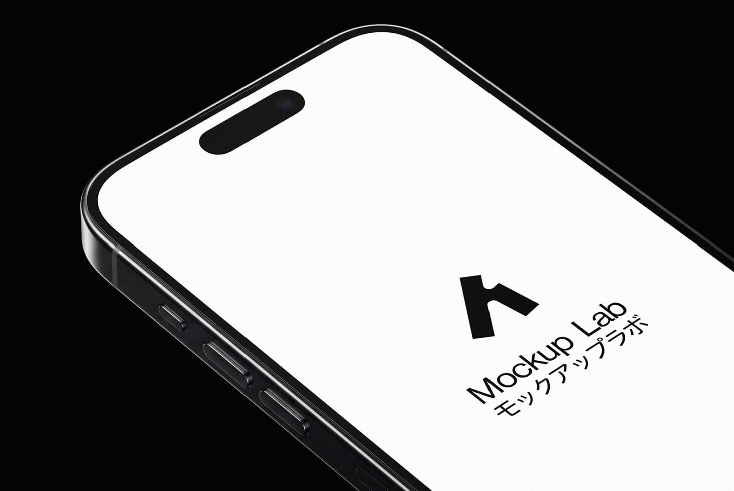 Isometric phone mockup with black frame, white screen, notch cutout visible