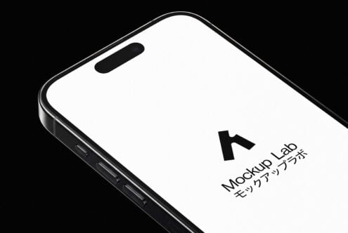 Isometric phone mockup with black frame, white screen, notch cutout visible