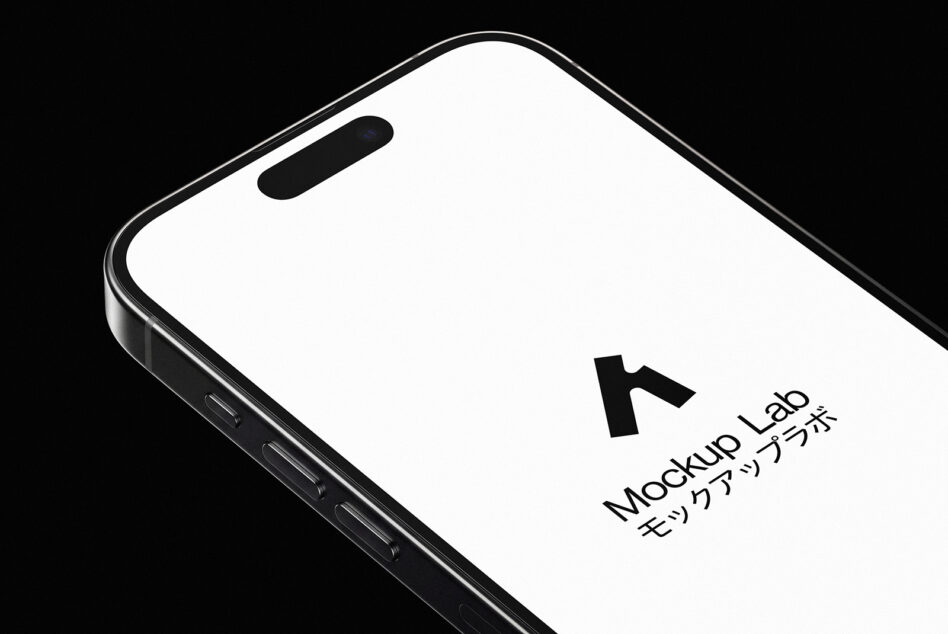 Isometric phone mockup with black frame, white screen, notch cutout visible