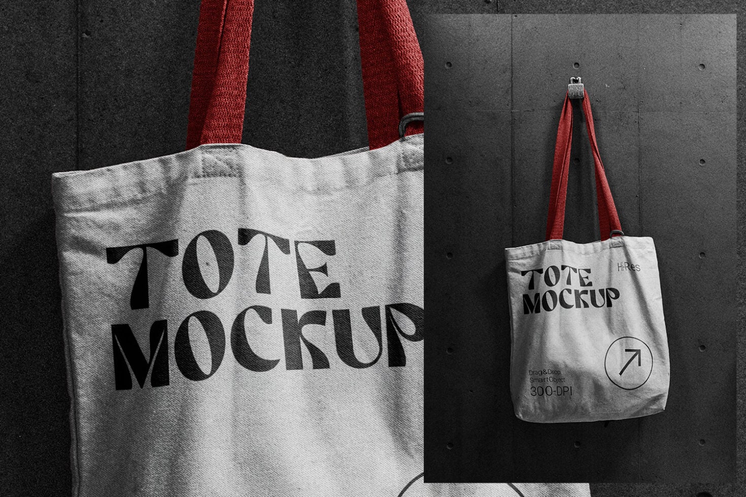Canvas tote bag mockup with red handles on dark concrete wall background