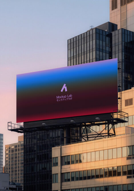 Urban billboard mockup with vibrant gradient display on city rooftop at sunset