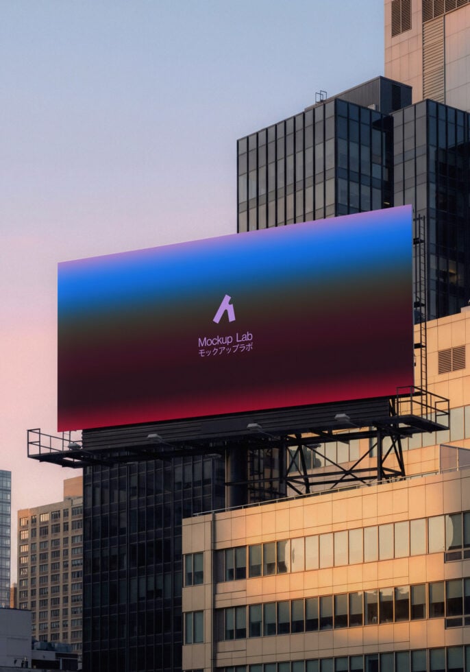 Urban billboard mockup with vibrant gradient display on city rooftop at sunset