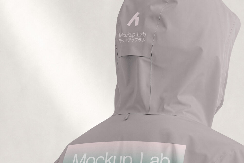 Gray hoodie mockup with back view showing Mockup Lab branding in English plus Japanese text
