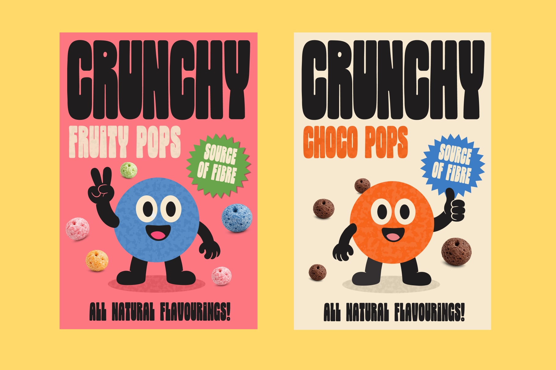 Retro cereal box mockups with chunky bold typography, mascot characters in pink, cream colorways with playful cereal balls scattered around