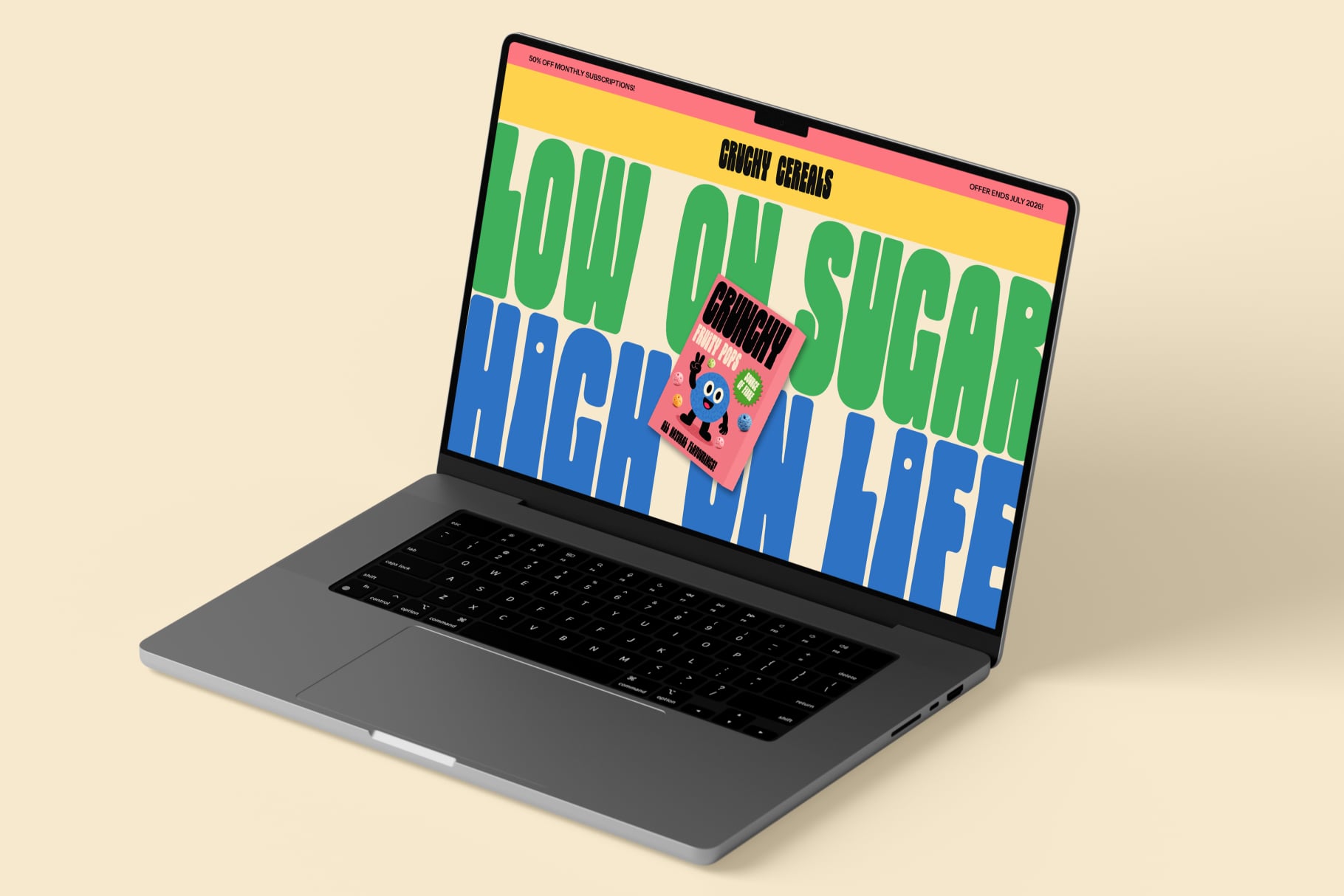 Laptop mockup displaying bold cereal branding website with colorful typography in green, yellow, blue stripes