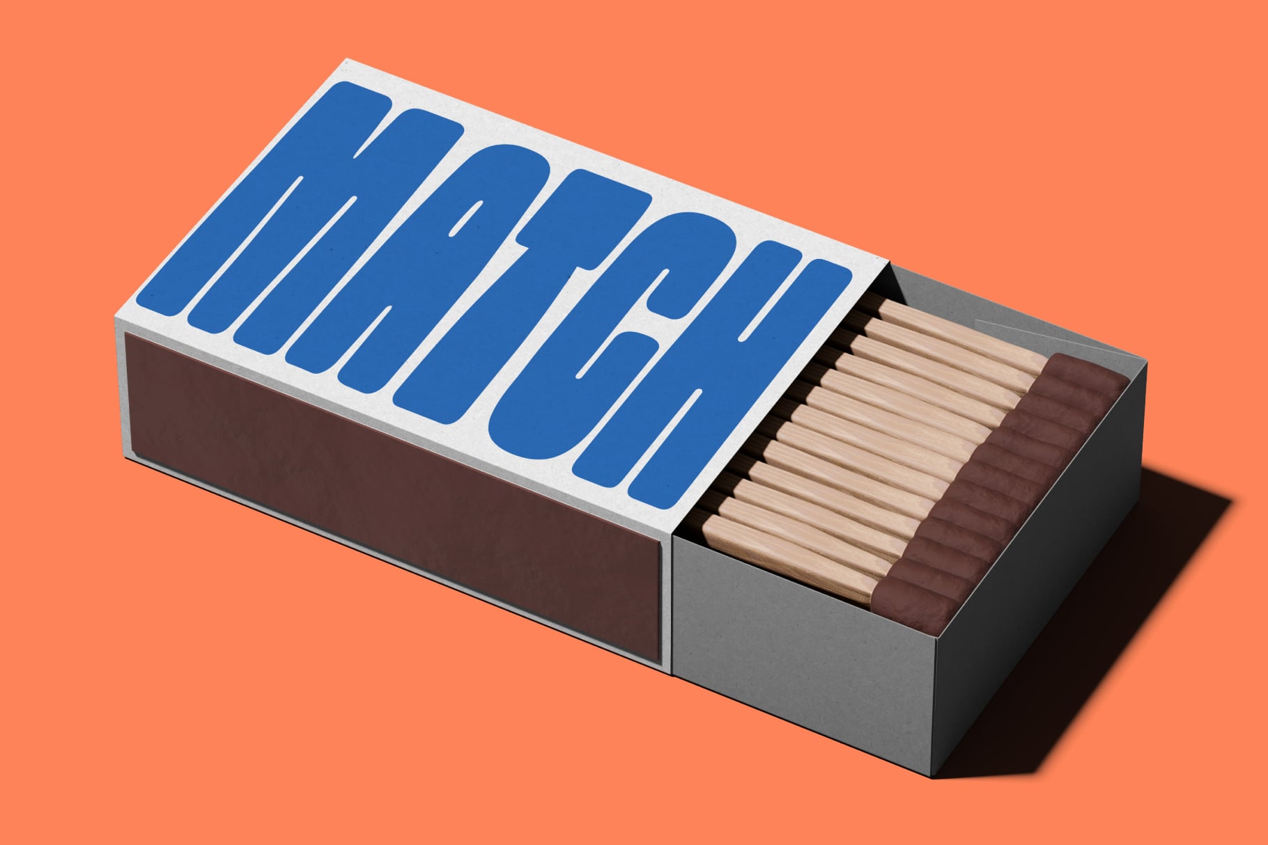 Matchbox mockup with blue label on orange background, drawer open showing wooden sticks