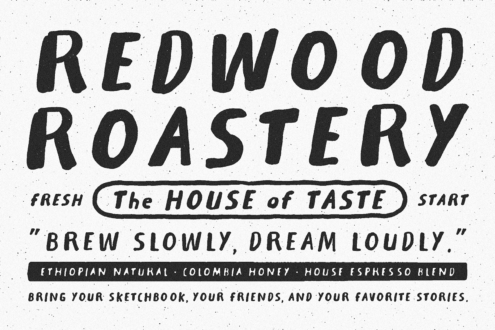 Vintage coffee shop poster with hand-drawn typography saying Redwood Roastery