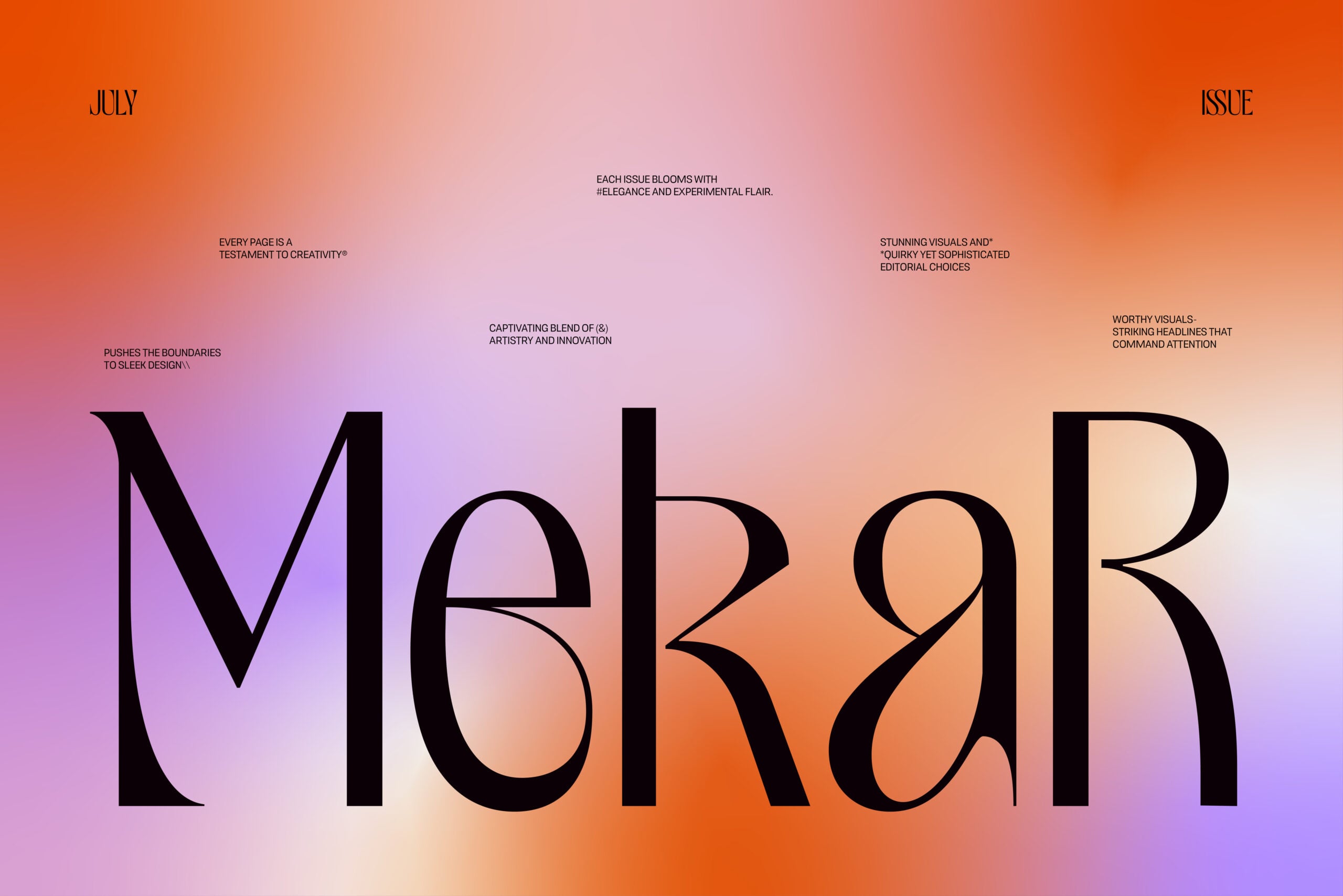 Magazine cover mockup with gradient background shifting from orange to purple, bold serif typography displaying "MEBAH" in black letters, July issue layout