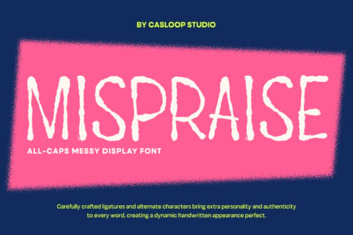 Mispraise all-caps messy display font with rough textured edges on hot pink background