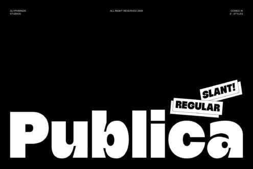 Publica typeface in Regular plus Slant styles with bold geometric letterforms
