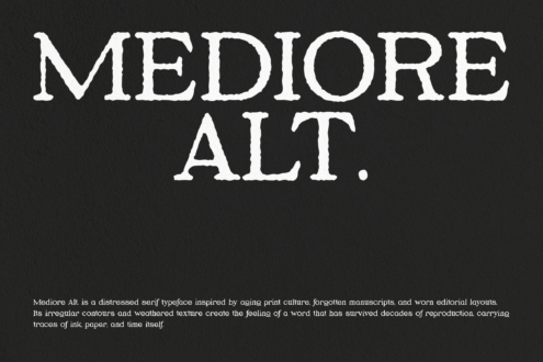 Mediore Alt distressed serif typeface with weathered texture on dark background