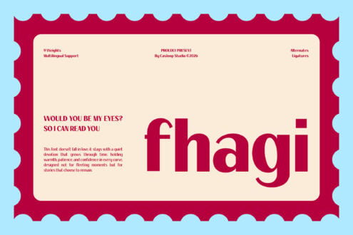 Fhagi serif font displayed in deep red on cream background with wavy border frame