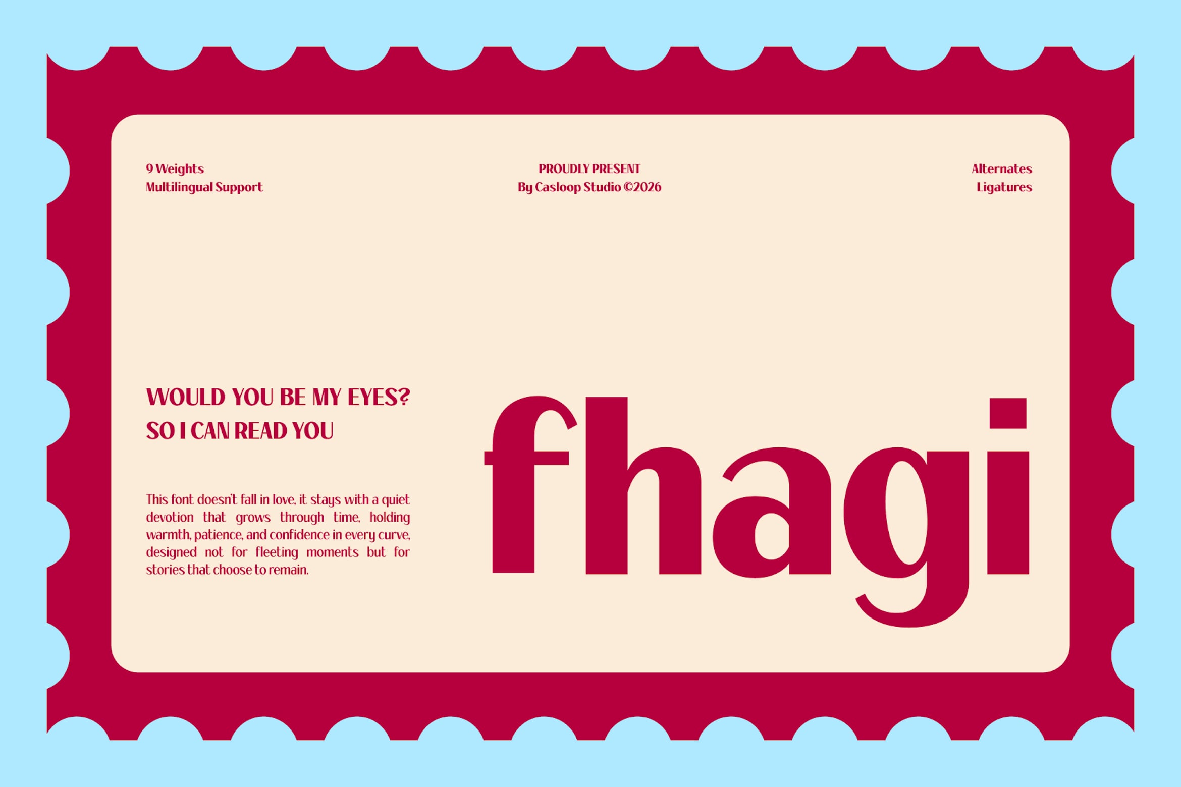 Fhagi serif font displayed in deep red on cream background with wavy border frame