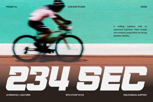 Motion-blurred cyclist on turquoise background with bold geometric typeface displayed below