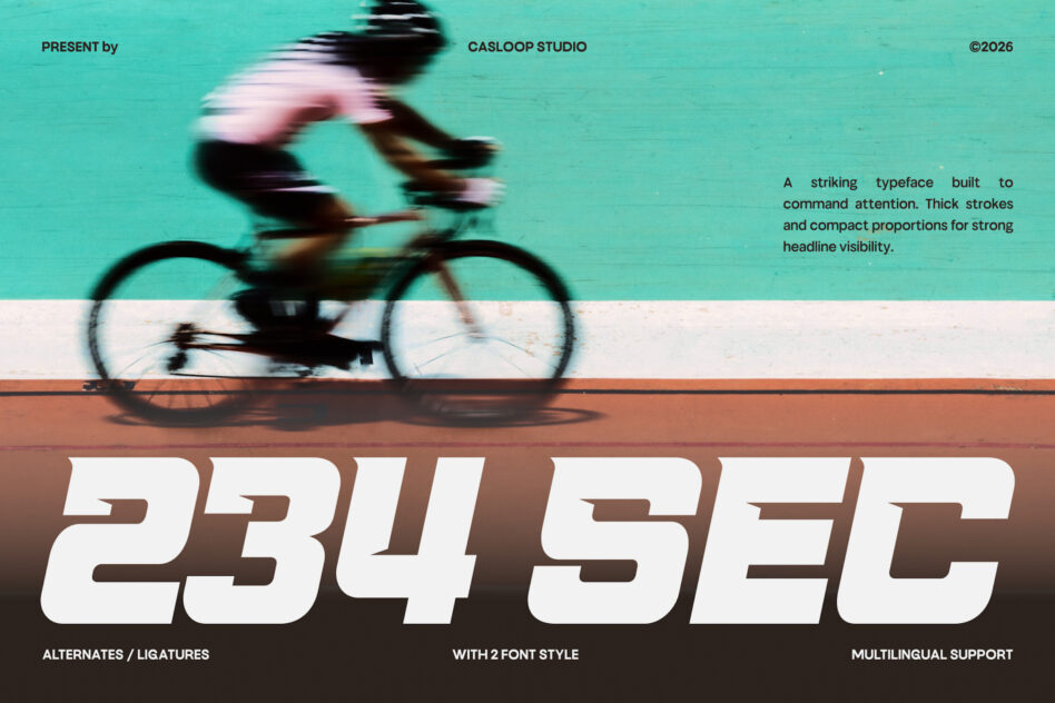 Motion-blurred cyclist on turquoise background with bold geometric typeface displayed below