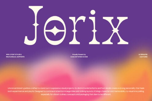 Jorix display font with 3 styles on vibrant purple to orange gradient background