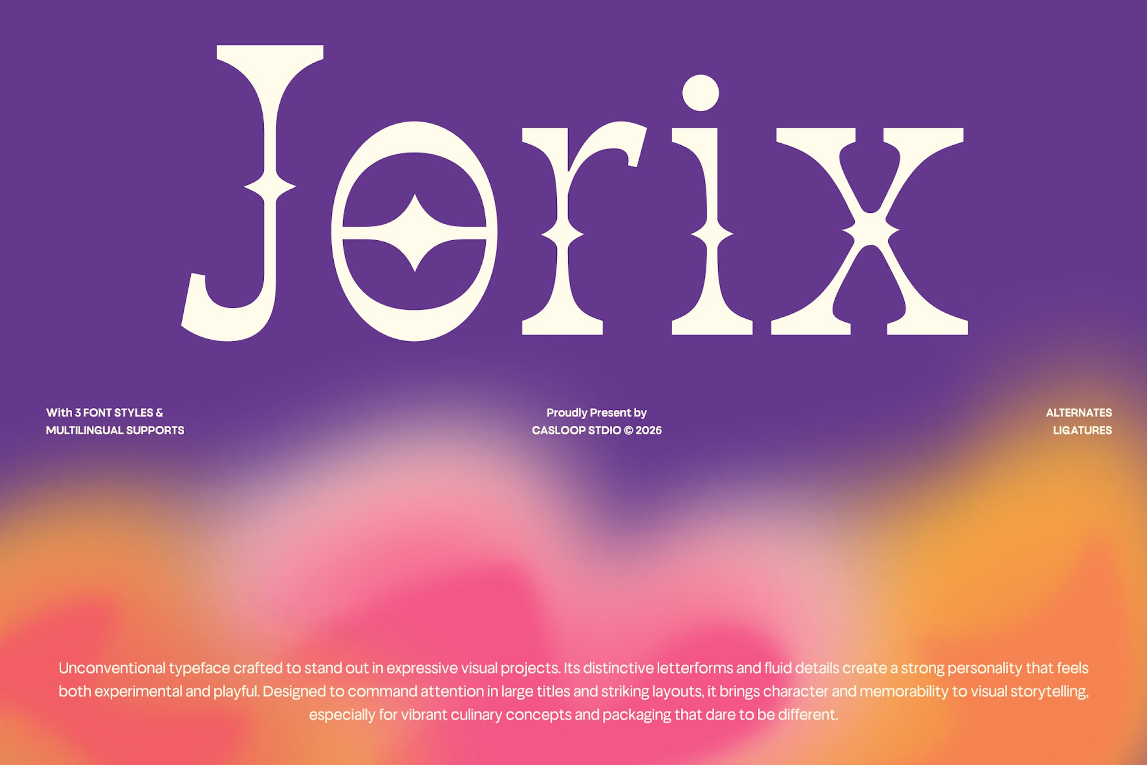 Jorix display font with 3 styles on vibrant purple to orange gradient background