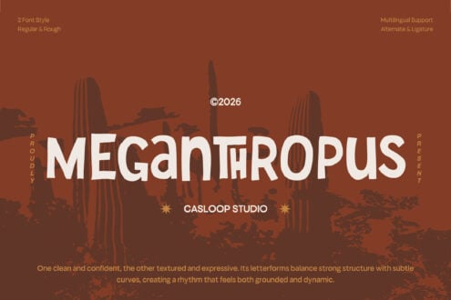 Megantropus font display with desert cacti backdrop, showing regular rough styles