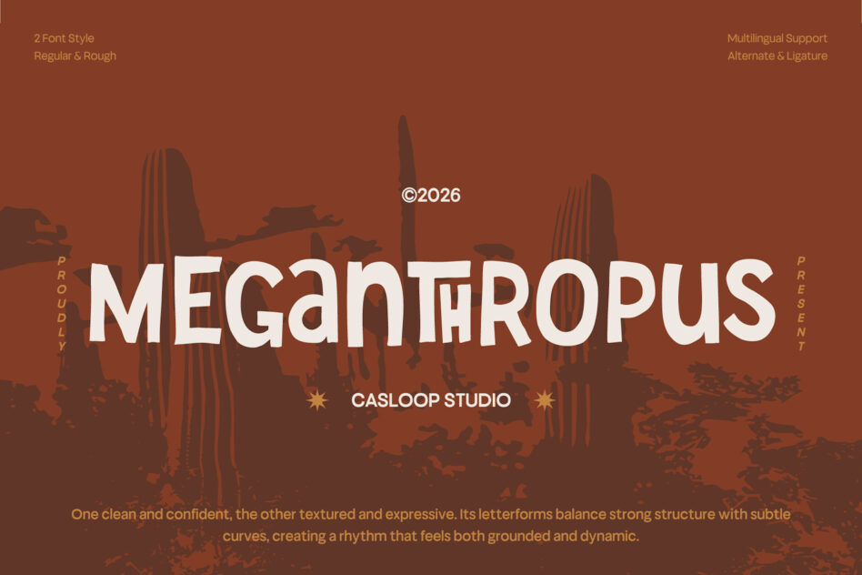 Megantropus font display with desert cacti backdrop, showing regular rough styles