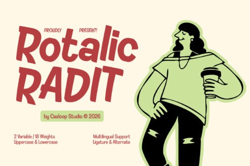 Rotaric Radit font in bold red with illustrated woman in lime green holding coffee cup