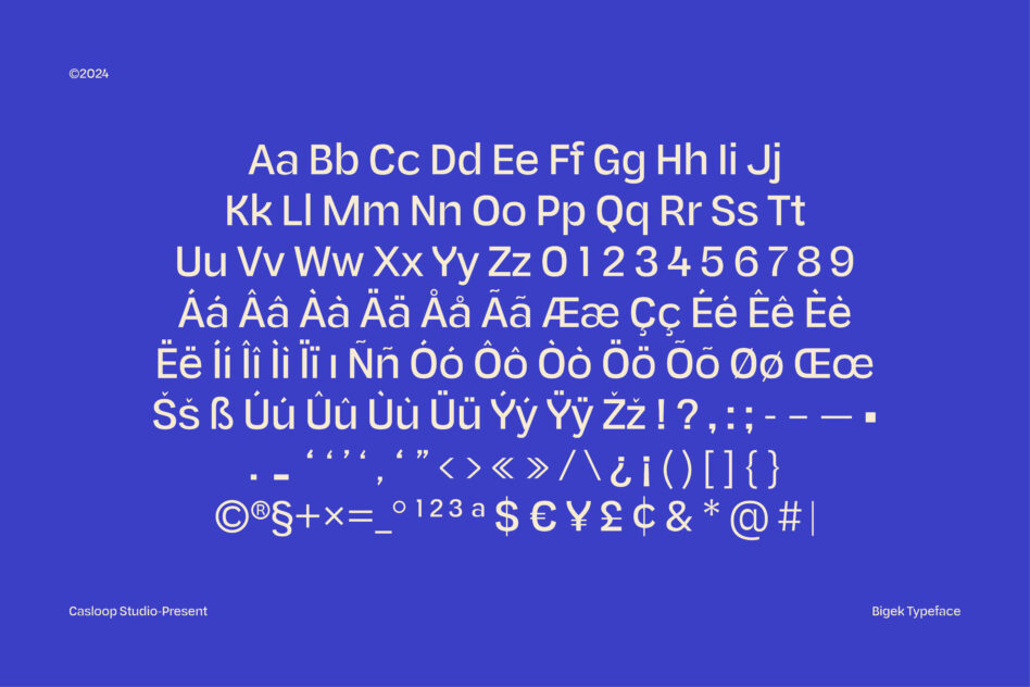 Bigek typeface showing full character set with accents, symbols on vibrant blue background