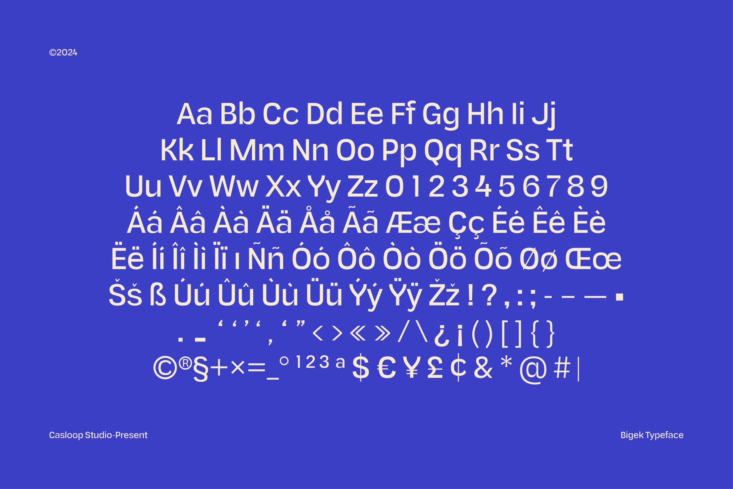Bigek typeface showing full character set with accents, symbols on vibrant blue background