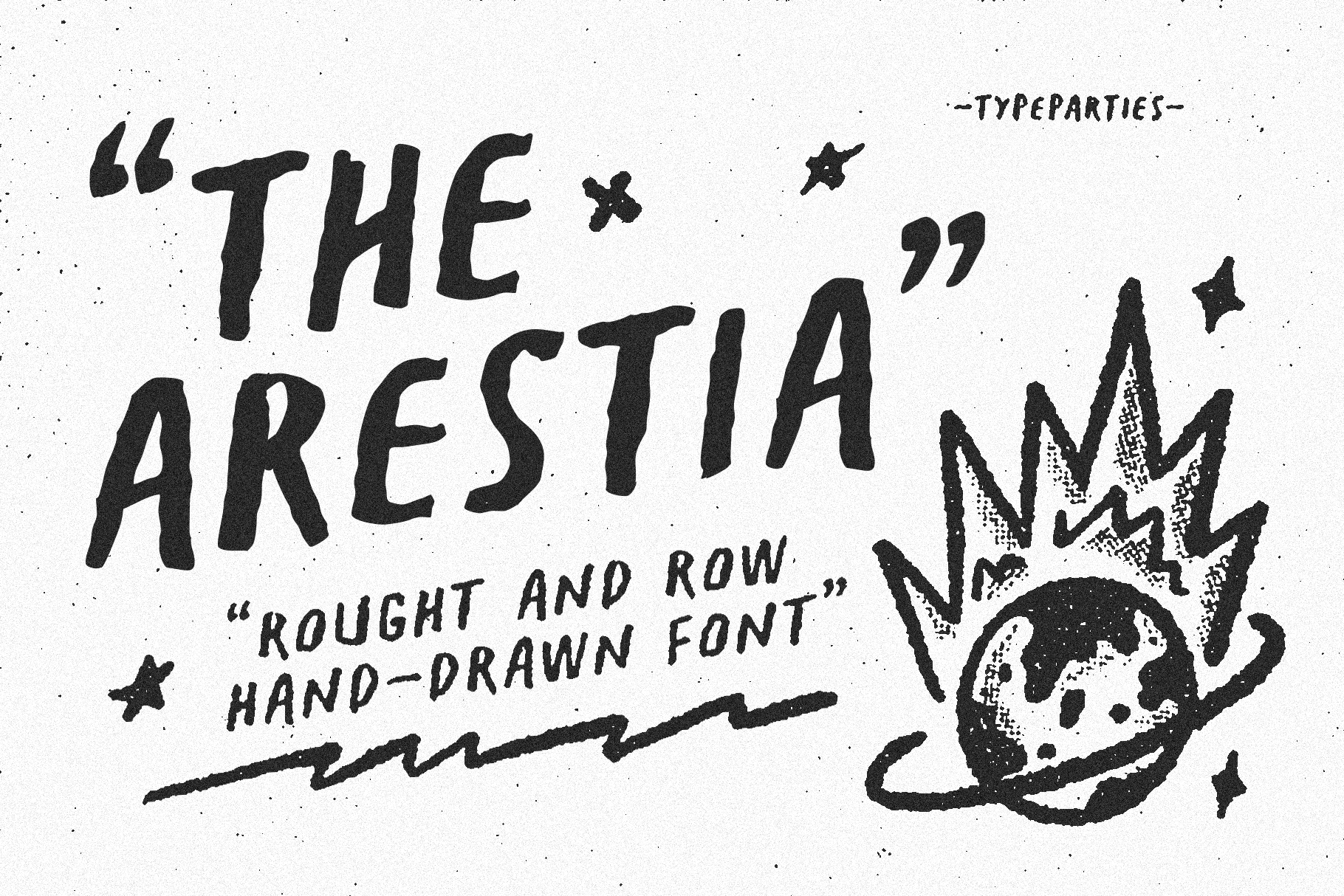 Raw hand-drawn font with messy texture, cosmic doodles, plus chaotic energy for edgy type vibes