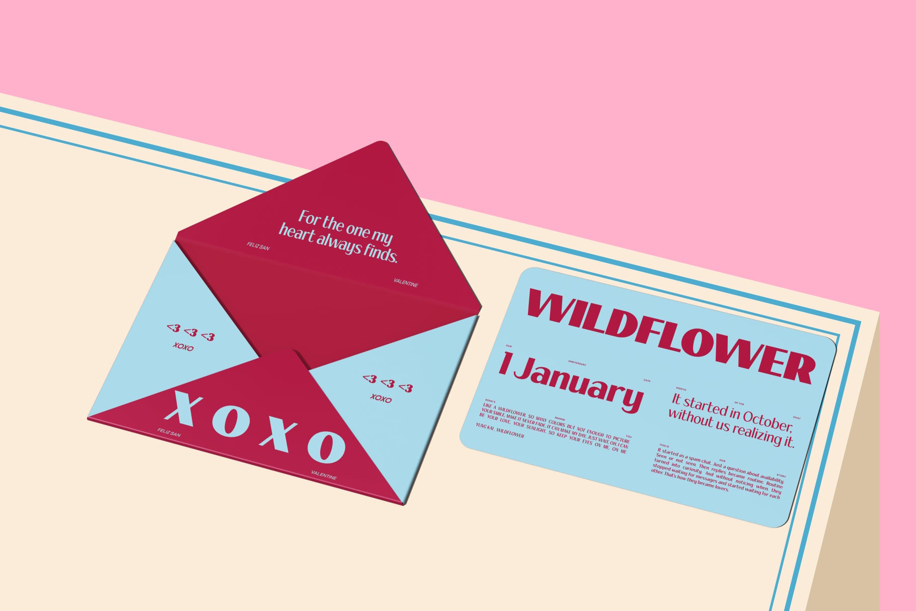 Folded Valentine card mockup with envelope in hot pink, light blue, cream colors on pastel background