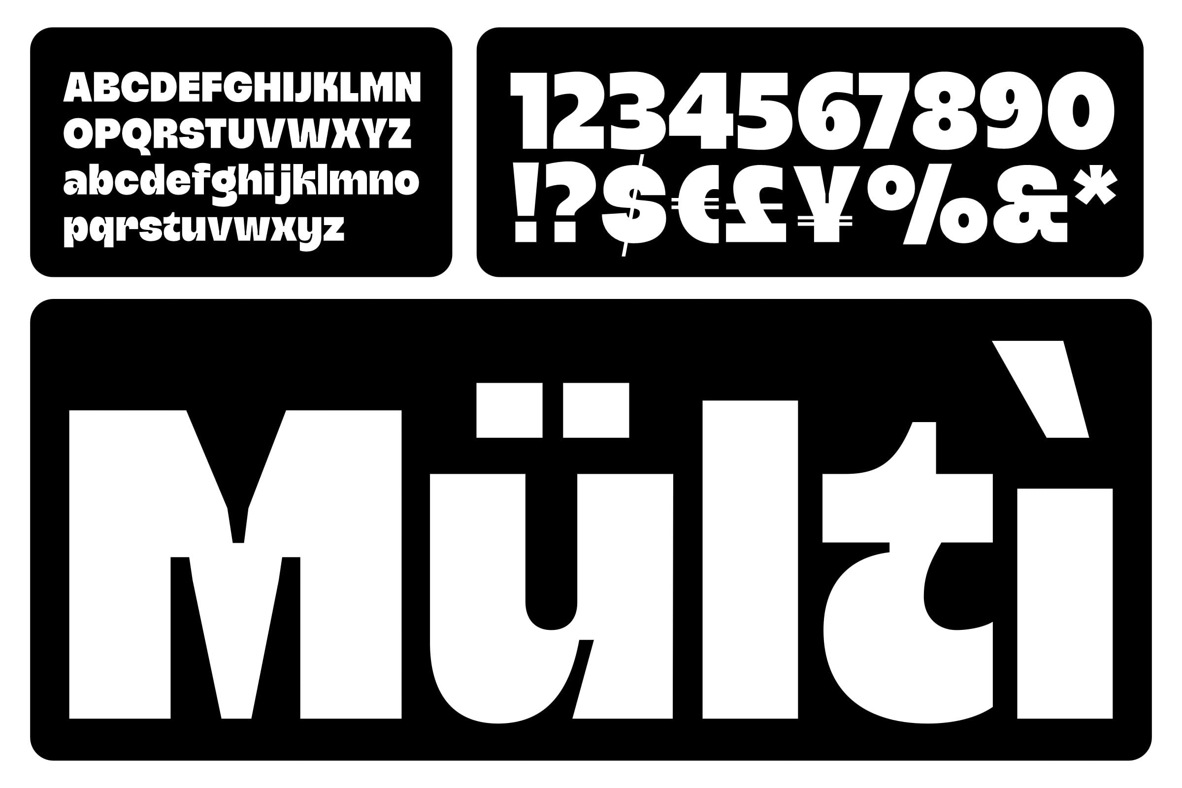 Bold sans serif font family showing uppercase, lowercase, numbers, currency symbols on black background