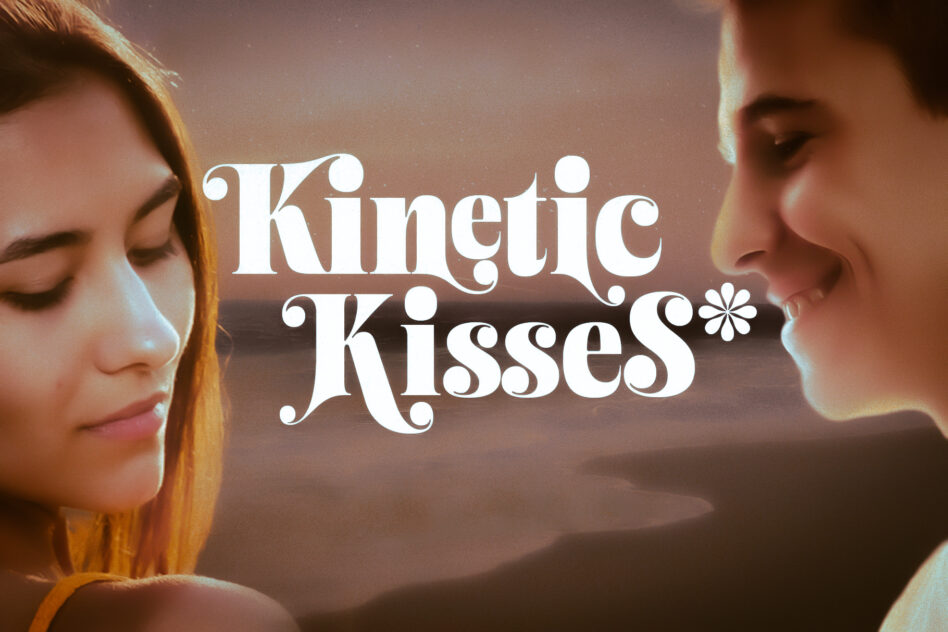 Ornate serif font overlay reading Kinetic Kisses on cinematic couple closeup with warm sunset lighting