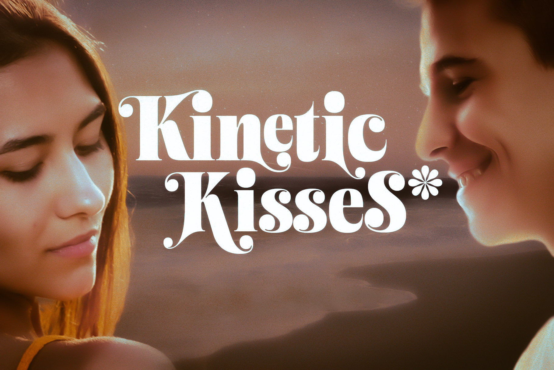 Ornate serif font overlay reading Kinetic Kisses on cinematic couple closeup with warm sunset lighting