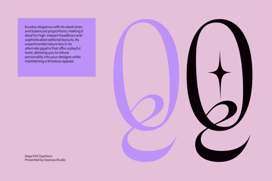 Gage EXO Typeface showcasing curved letterforms in purple, black on soft pink background