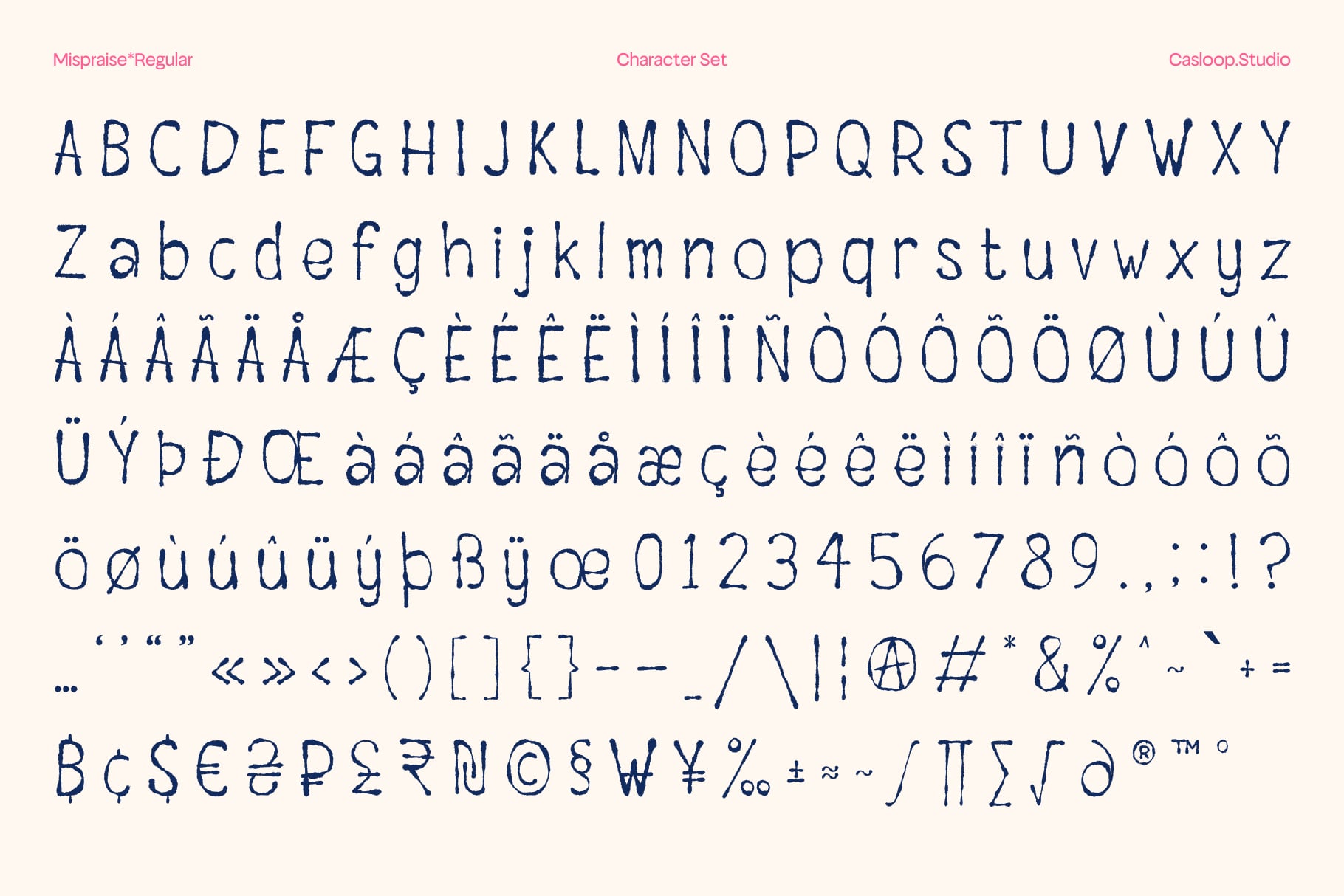 Mispraise Regular font character set showing uppercase, lowercase, accents, numbers, symbols, currency signs