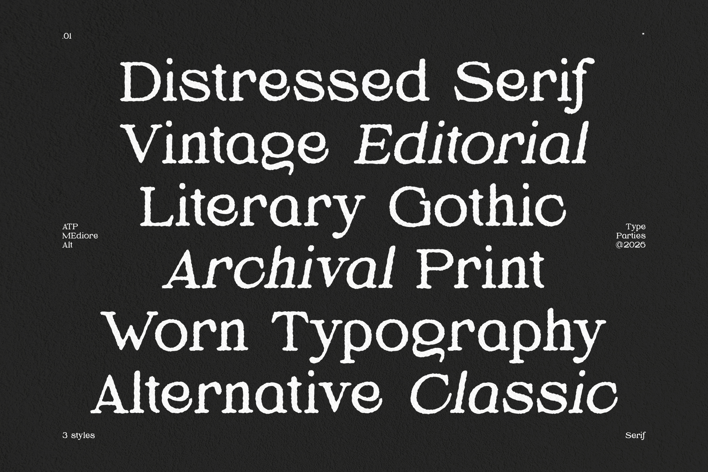 Worn serif typeface sample showing distressed letterforms on dark background