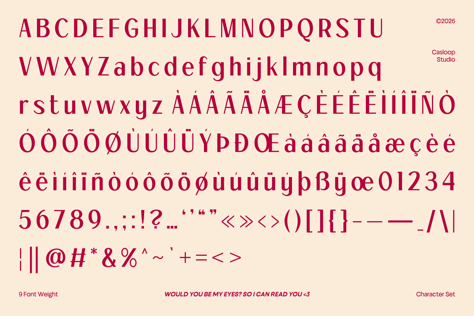 Casloop Studio font with full character set in deep magenta on cream background