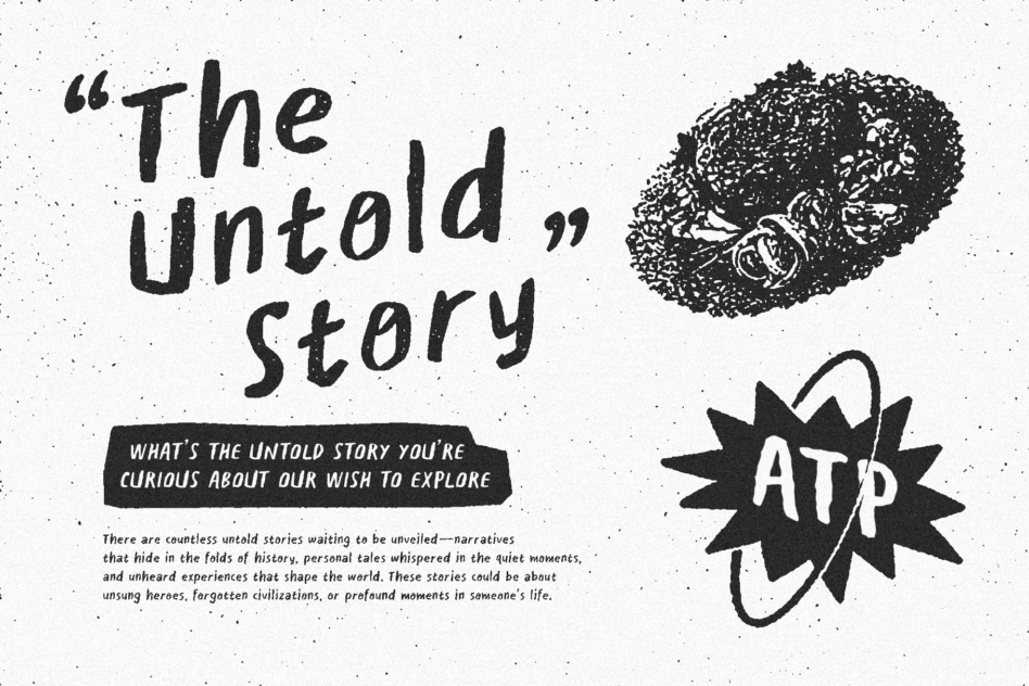 Textured poster layout with "The Untold Story" quote, speckled brain illustration, starburst badge, black banner with subheading on cream background