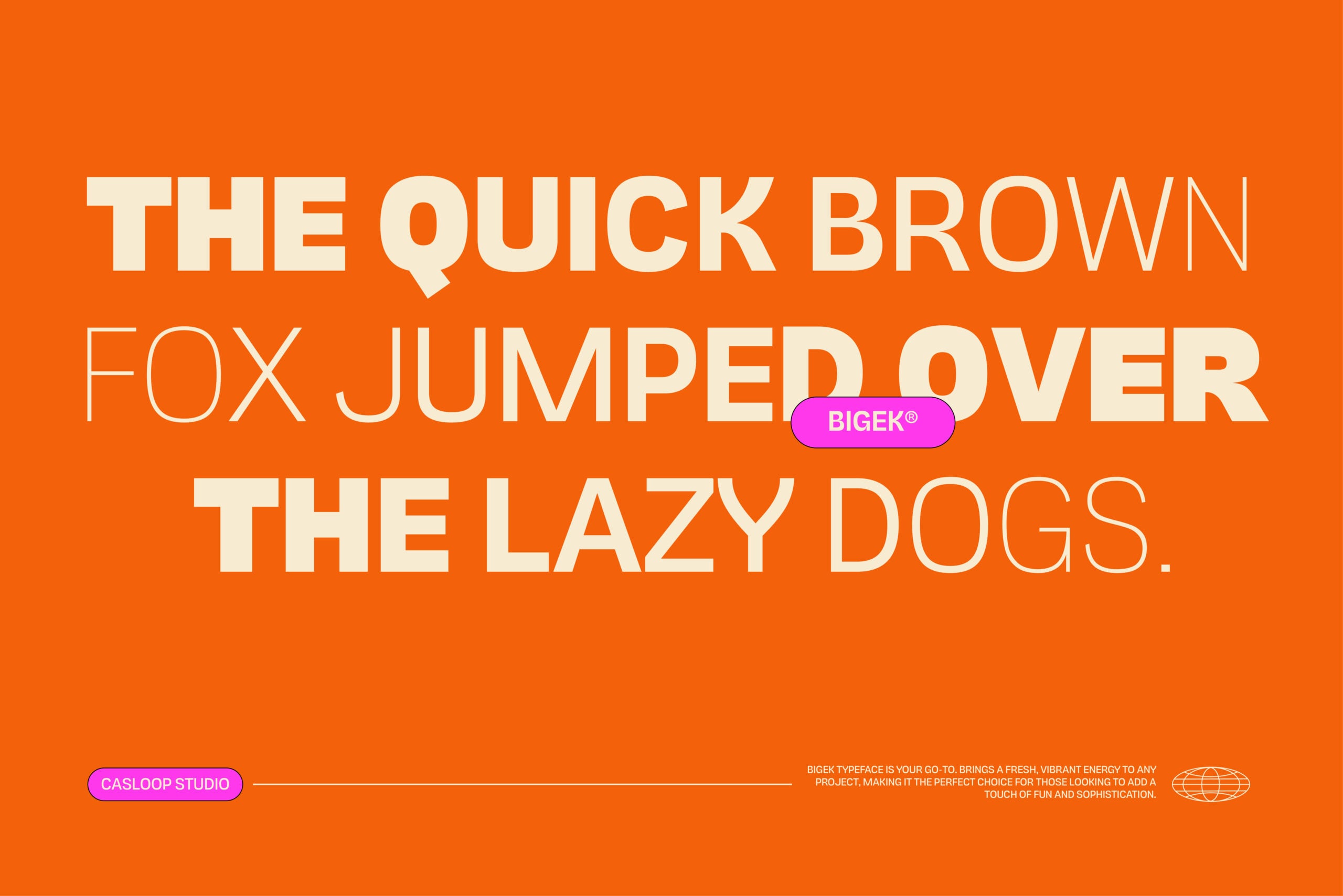 Bigek typeface specimen on bright orange with bold white text showing font in action