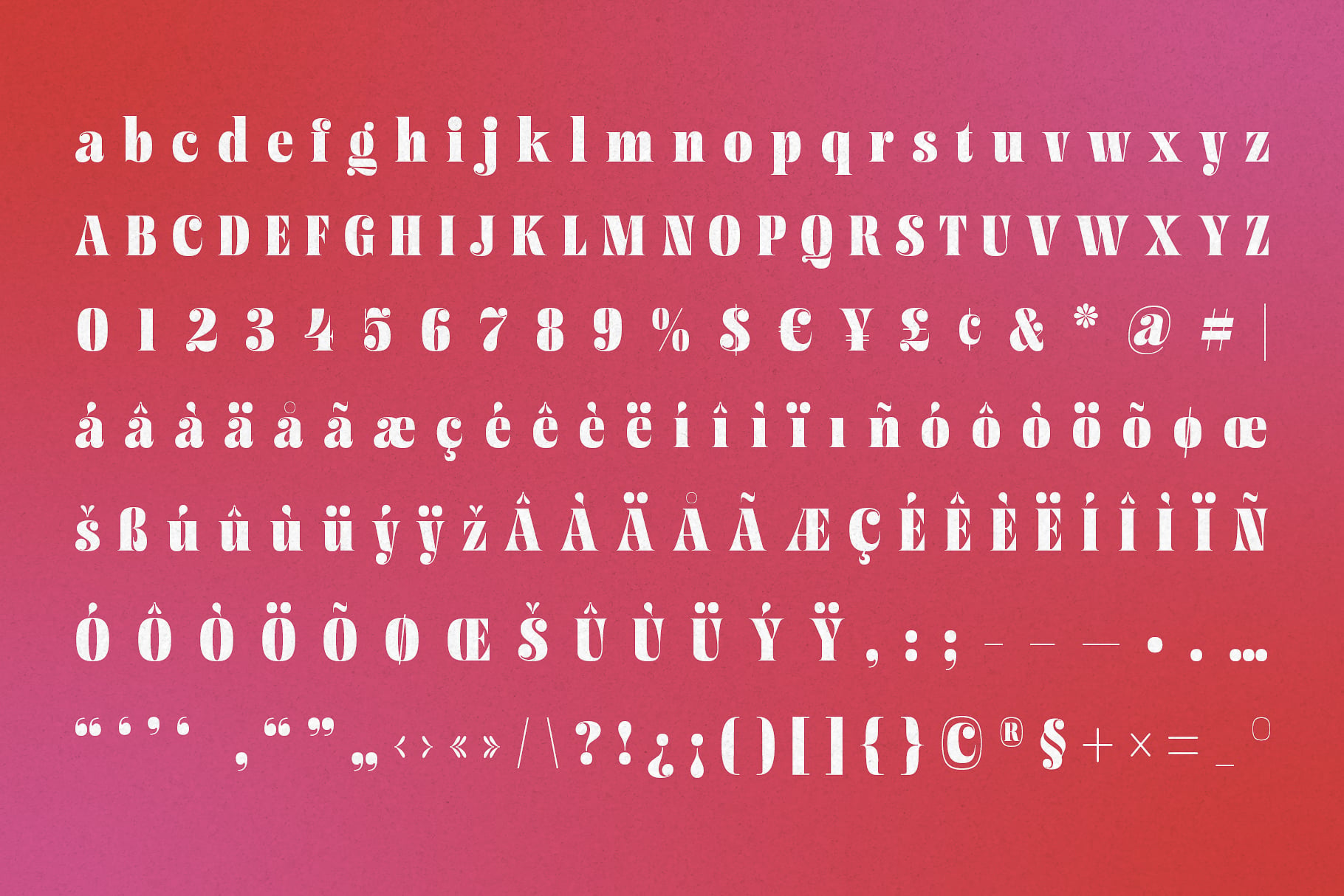 Serif font with full character set on red to pink gradient background