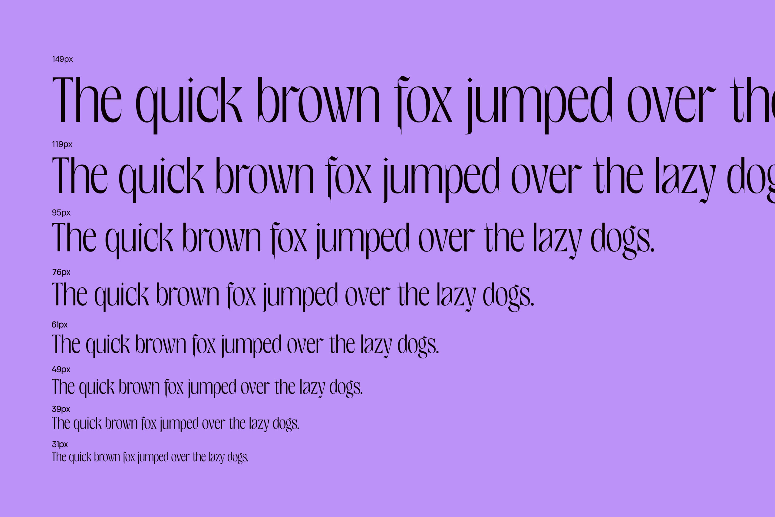 Serif font specimen showing size scales from 149px down to 31px on bright purple background