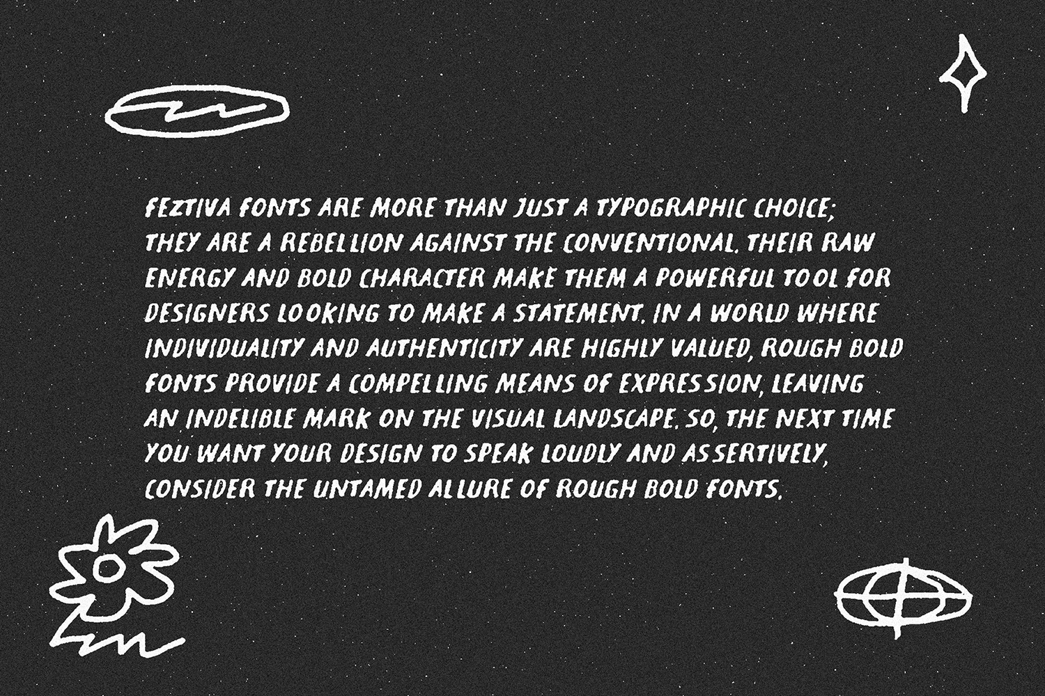 Italic text about bold fonts on dark starry background with doodle graphics